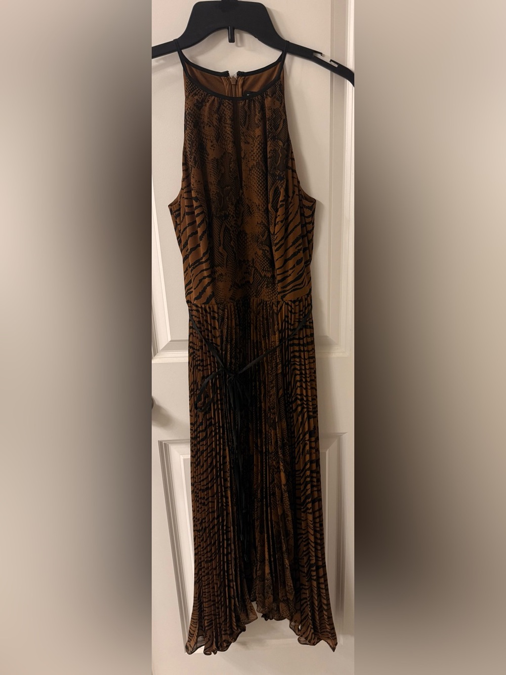 White House Black Market Brown and Black Animal-Print Pleated Maxi Dress
